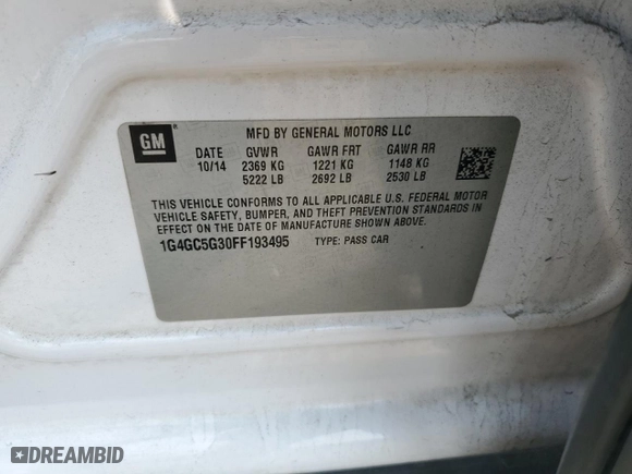 2015 Buick LaCrosse Leather with VIN 1G4GC5G30FF193495, listed as a Copart auction lot 60025184 with 116,628 mi miles and Salvage Title. Bid and sale history available at carsss.com. Image 13.