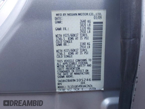 2009 Nissan Quest with VIN 5N1BV28U69N105246, listed as a IAAI auction lot 41765894 with 118,311 mi miles and . Bid and sale history available at carsss.com. Image 9.
