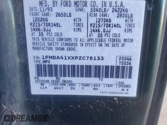 1993 Ford Aerostar Eddie Bauer z VIN 1FMDA41XXPZC78133, wystawiony jako Copart lot #50212815 z przebiegiem 193 207 mil mil oraz Szkody całkowita. Historia ofert i sprzedaży dostępna na DreamBid. Obrazek 13.
