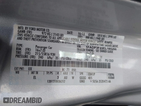 2014 Ford Focus SE with VIN 1FADP3F22EL185266, listed as a IAAI auction lot 42168142 with 177,283 mi miles and . Bid and sale history available at carsss.com. Image 9.
