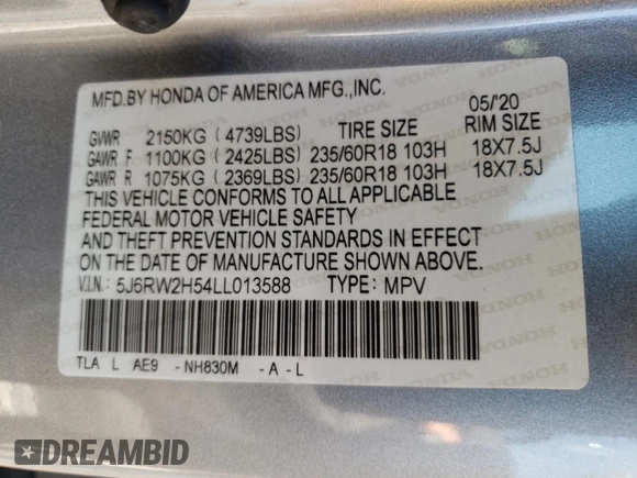 2020 Honda CR-V EX with VIN 5J6RW2H54LL013588, listed as a Copart auction lot 63094492 with 32,447 mi miles. Bid and sale history available at carsss.com. Image 10.