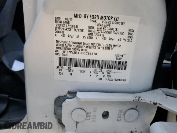 2015 Ford F-250 Lariat with VIN 1FT7W2BT0FEC86878, listed as a Copart auction lot 53724575 with Not provided miles and Salvage title. Bid and sale history available at DreamBid. Image 13.