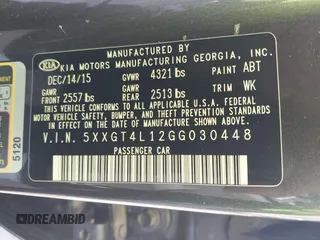 2016 Kia Optima LX Turbo with VIN 5XXGT4L12GG030448, listed as a IAAI auction lot 41744309 with 110,375 mi miles. Bid and sale history available at carsss.com. Image 9.