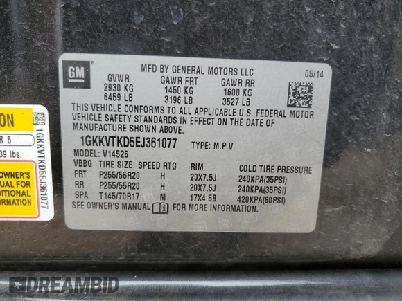 2014 GMC Acadia Denali z VIN 1GKKVTKD5EJ361077, wystawiony jako Copart lot #58598415 z przebiegiem 157 966 mil mil oraz Czysty tytuł • Clean title. Historia ofert i sprzedaży dostępna na DreamBid. Obrazek 13.