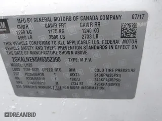 2017 GMC Terrain SLE with VIN 2GKALNEK6H6352395, listed as a IAAI auction lot 41852189 with 95,536 mi miles. Bid and sale history available at carsss.com. Image 9.