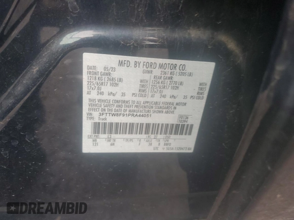 2023 Ford Maverick XL с VIN 3FTTW8F91PRA44051, выставлен на аукционе Copart как лот 57758445 с пробегом 35 562 миль миль и Списание • Salvage title. История ставок и продаж доступна на DreamBid. Изображение 12.