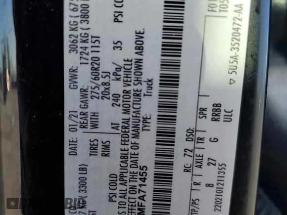 2021 Ford F-150 XL z VIN 1FTEW1C80MFA71455, wystawiony jako Copart lot #42355025 z przebiegiem Nie podano mil oraz Czysty tytuł • Clean title. Historia ofert i sprzedaży dostępna na DreamBid. Obrazek 12.