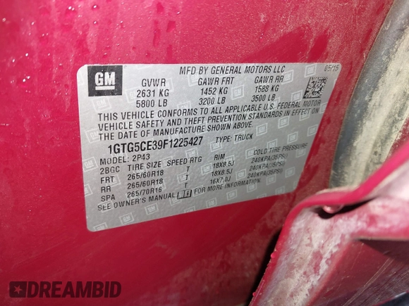 2015 GMC Canyon 2WD SLT with VIN 1GTG5CE39F1225427, listed as a IAAI auction lot 41453753 with 115,801 mi miles. Bid and sale history available at carsss.com. Image 9.