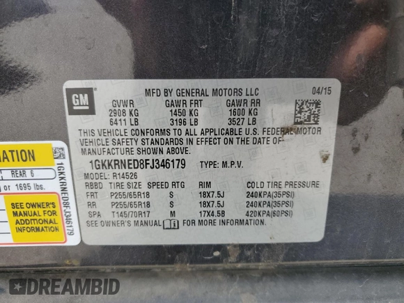2015 GMC Acadia SLE with VIN 1GKKRNED8FJ346179, listed as a Copart auction lot 45358085 with 160,466 mi miles and Salvage Title. Bid and sale history available at DreamBid. Image 13.