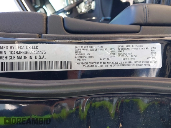 2020 Jeep Grand Cherokee Limited with VIN 1C4RJFBG6LC434475, listed as a IAAI auction lot 41810424 with 116,959 mi miles and . Bid and sale history available at DreamBid. Image 9.