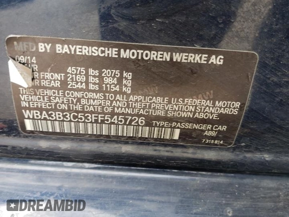 2015 BMW 3 Series 328i xDrive z VIN WBA3B3C53FF545726, wystawiony jako Copart lot #44940485 z przebiegiem Nie podano mil oraz Szkoda całkowita • Salvage title. Historia ofert i sprzedaży dostępna na DreamBid. Obrazek 13.