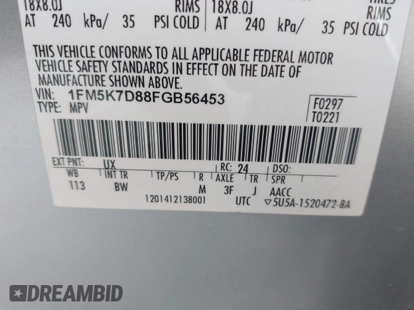 2015 Ford Explorer XLT with VIN 1FM5K7D88FGB56453, listed as a IAAI auction lot 41893577 with 177,621 mi miles and . Bid and sale history available at carsss.com. Image 9.