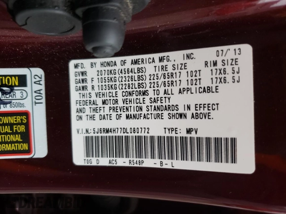2013 Honda CR-V EX-L with VIN 5J6RM4H77DL080772, listed as a Copart auction lot 51471155 with 165,604 mi miles and Non Repairable. Bid and sale history available at carsss.com. Image 13.