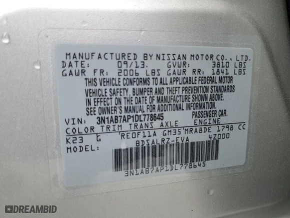 2013 Nissan Sentra SR with VIN 3N1AB7AP1DL778645, listed as a Copart auction lot 49945335 with 184,610 mi miles and Salvage Title. Bid and sale history available at carsss.com. Image 14.