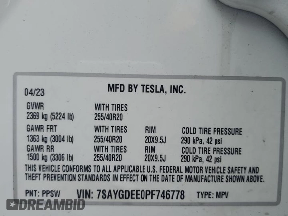 2023 Tesla Model Y Long Range with VIN 7SAYGDEE0PF746778, listed as a Copart auction lot 52704965 with 19,047 mi miles and Salvage Title. Bid and sale history available at DreamBid. Image 12.