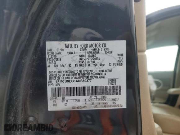 2010 Ford Escape Limited с VIN 1FMCU9EG6AKB89377, выставлен на аукционе Copart как лот 63668395 с пробегом Не указан миль и Чистый • Clean title. История ставок и продаж доступна на DreamBid. Изображение 13.