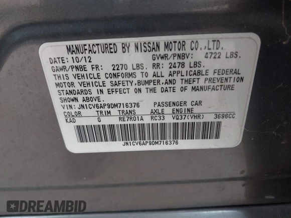 2013 Infiniti G37 Journey with VIN JN1CV6AP9DM716376, listed as a IAAI auction lot 41534497 with 73,994 mi miles and . Bid and sale history available at DreamBid. Image 9.