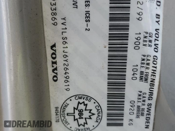 2000 Volvo S70 с VIN YV1LS61J6Y2649619, выставлен на аукционе Copart как лот 48540175 с пробегом 137 877 миль миль и Списание • Salvage title. История ставок и продаж доступна на DreamBid. Изображение 12.
