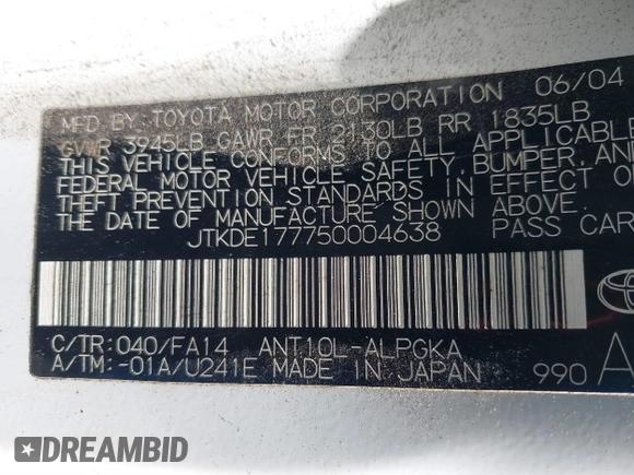 2005 Scion tC with VIN JTKDE177750004638, listed as a IAAI auction lot 41860203 with 184,800 mi miles. Bid and sale history available at carsss.com. Image 9.