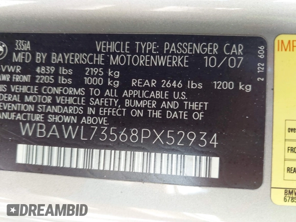 2008 BMW 3 Series 335i z VIN WBAWL73568PX52934, wystawiony jako IAAI lot #42212988 z przebiegiem 76 023 mil mil oraz . Historia ofert i sprzedaży dostępna na DreamBid. Obrazek 9.