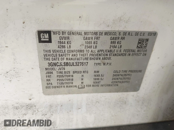 2018 Chevrolet Trax LT with VIN 3GNCJLSB0JL327617, listed as a IAAI auction lot 41801919 with 87,777 mi miles and . Bid and sale history available at carsss.com. Image 9.