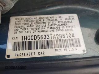1996 Honda Accord LX with VIN 1HGCD5633TA286104, listed as a IAAI auction lot 42004112 with 186,586 mi miles and . Bid and sale history available at carsss.com. Image 9.