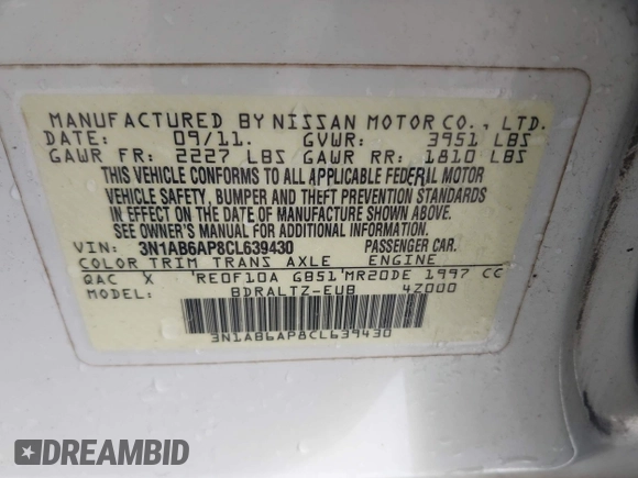 2012 Nissan Sentra S with VIN 3N1AB6AP8CL639430, listed as a IAAI auction lot 42293903 with 164,493 mi miles and . Bid and sale history available at DreamBid. Image 9.