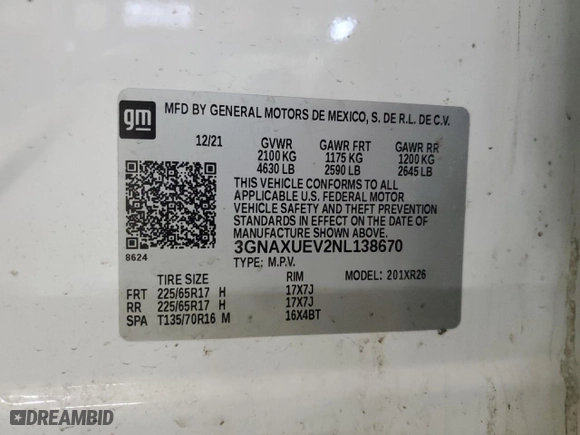2022 Chevrolet Equinox LT with VIN 3GNAXUEV2NL138670, listed as a Copart auction lot 53287175 with 276,910 mi miles and Clean Title. Bid and sale history available at carsss.com. Image 13.