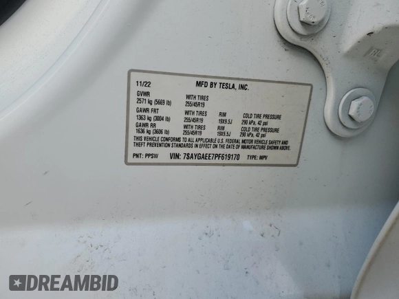 2023 Tesla Model Y Long Range with VIN 7SAYGAEE7PF619170, listed as a Copart auction lot 47647585 with 35,674 mi miles and Salvage Title. Bid and sale history available at DreamBid. Image 13.