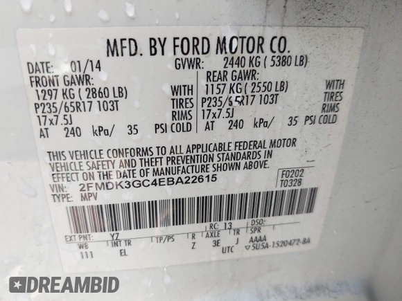 2014 Ford Edge SE with VIN 2FMDK3GC4EBA22615, listed as a IAAI auction lot 42637064 with 155,531 mi miles and . Bid and sale history available at DreamBid. Image 9.