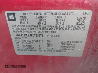2015 GMC Terrain SLE z VIN 2GKALMEK4F6133815, wystawiony jako IAAI lot #42535936 z przebiegiem 141 447 mil mil oraz . Historia ofert i sprzedaży dostępna na DreamBid. Obrazek 9.