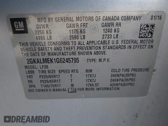 2016 GMC Terrain SLE with VIN 2GKALMEK1G6245795, listed as a IAAI auction lot 41516892 with 165,563 mi miles. Bid and sale history available at carsss.com. Image 9.