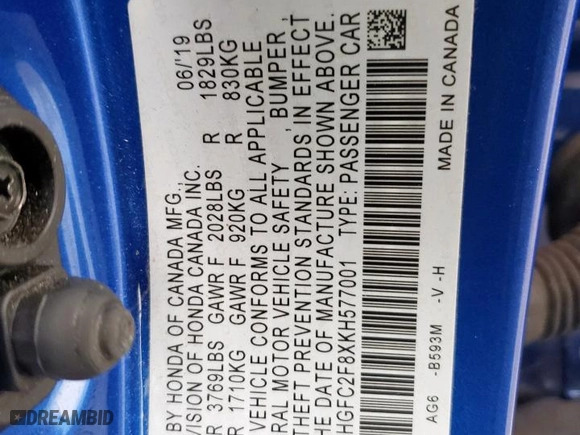 2019 Honda Civic Sedan Sport with VIN 2HGFC2F8XKH577001, listed as a Copart auction lot 45701045 with 58,276 mi miles and Salvage Title. Bid and sale history available at carsss.com. Image 14.