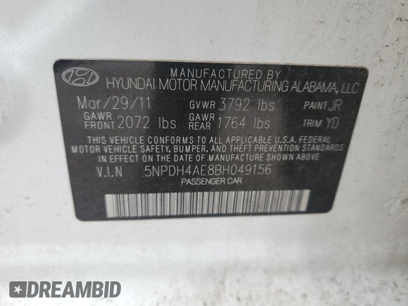 2011 Hyundai Elantra GLS with VIN 5NPDH4AE8BH049156, listed as a Copart auction lot 51087995 with 56,529 mi miles and Salvage Title. Bid and sale history available at carsss.com. Image 12.