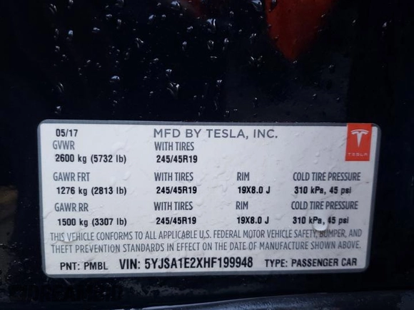 2017 Tesla Model S 100D with VIN 5YJSA1E2XHF199948, listed as a Copart auction lot 46367635 with 76,284 mi miles and Salvage title. Bid and sale history available at DreamBid. Image 12.