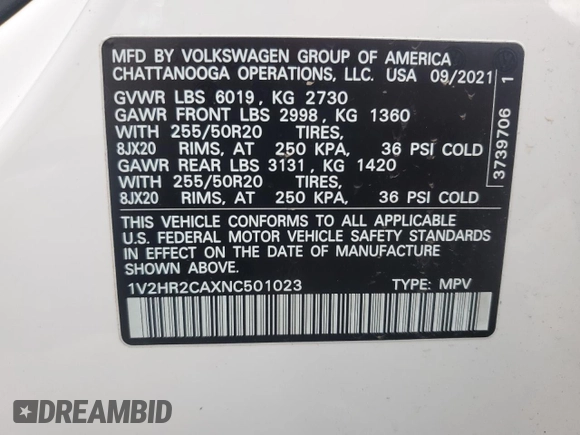 2022 Volkswagen Atlas SE with VIN 1V2HR2CAXNC501023, listed as a Copart auction lot 54332075 with 40,966 mi miles and Salvage title. Bid and sale history available at DreamBid. Image 13.