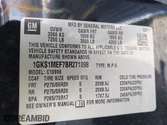 2011 GMC Yukon XL Denali with VIN 1GKS1MEF7BR271098, listed as a IAAI auction lot 42064073 with 218,601 mi miles. Bid and sale history available at carsss.com. Image 9.