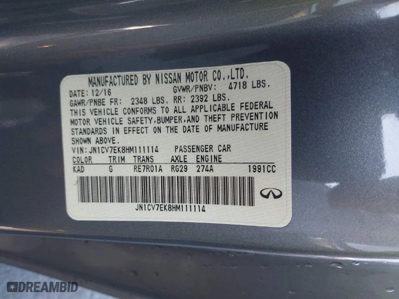 2017 Infiniti Q60 2.0t Premium with VIN JN1CV7EK8HM111114, listed as a IAAI auction lot 41323754 with 95,683 mi miles. Bid and sale history available at carsss.com. Image 9.