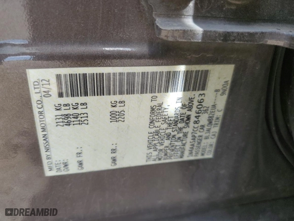 2012 Nissan Maxima 3.5 S with VIN 1N4AA5AP7CC846063, listed as a Copart auction lot 48780605 with 98,573 mi miles and Salvage Title. Bid and sale history available at carsss.com. Image 13.