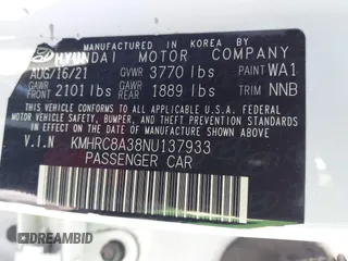 2022 Hyundai Venue Limited with VIN KMHRC8A38NU137933, listed as a IAAI auction lot 42254522 with 72,596 mi miles and . Bid and sale history available at DreamBid. Image 9.