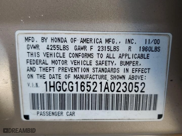 2001 Honda Accord Sdn EX w/Leather with VIN 1HGCG16521A023052, listed as a Copart auction lot 47755065 with 142,299 mi miles and Salvage Title. Bid and sale history available at carsss.com. Image 12.
