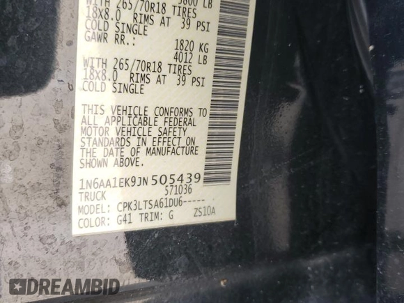 2018 Nissan Titan SV with VIN 1N6AA1EK9JN505439, listed as a Copart auction lot 66169254 with 136,270 mi miles and Non Repairable. Bid and sale history available at DreamBid. Image 12.