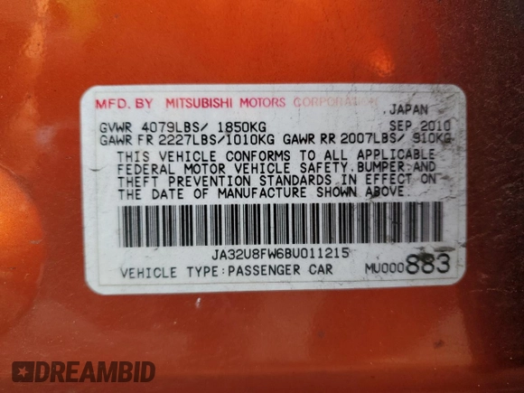 2011 Mitsubishi Lancer GTS with VIN JA32U8FW6BU011215, listed as a Copart auction lot 86357004 with 128,577 mi miles and Salvage Title. Bid and sale history available at carsss.com. Image 12.