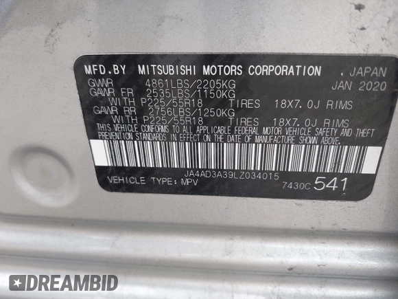 2020 Mitsubishi Outlander SE with VIN JA4AD3A39LZ034015, listed as a IAAI auction lot 42245374 with 92,992 mi miles and . Bid and sale history available at DreamBid. Image 9.