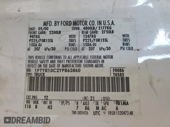 2000 Ford Ranger XL with VIN 1FTYR10C2YPB63860, listed as a Copart auction lot 65560005 with 124,721 mi miles and Clean title. Bid and sale history available at DreamBid. Image 13.