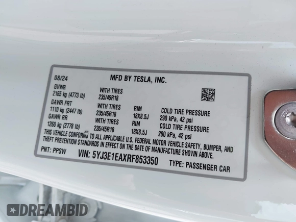 2024 Tesla Model 3 z VIN 5YJ3E1EAXRF853350, wystawiony jako IAAI lot #41946954 z przebiegiem Nie podano mil oraz . Historia ofert i sprzedaży dostępna na DreamBid. Obrazek 9.