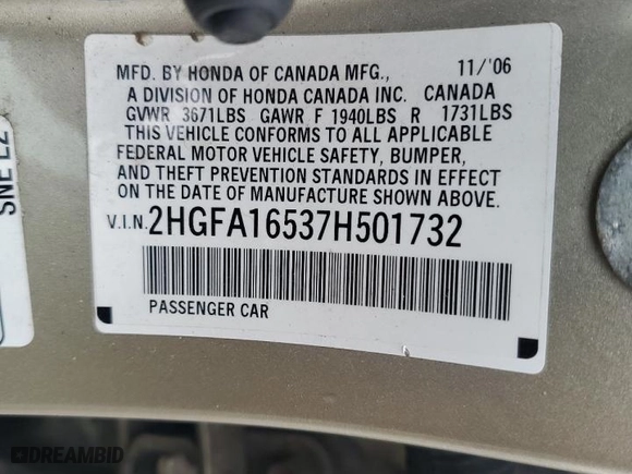 2007 Honda Civic Sdn LX with VIN 2HGFA16537H501732, listed as a Copart auction lot 52888805 with 0 mi miles and Salvage Title. Bid and sale history available at carsss.com. Image 13.