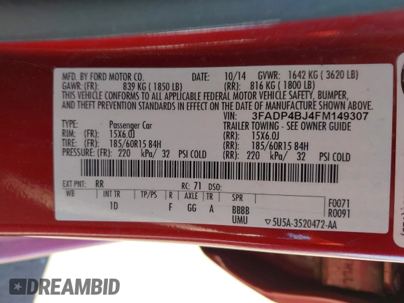 2015 Ford Fiesta SE with VIN 3FADP4BJ4FM149307, listed as a IAAI auction lot 42078091 with 124,529 mi miles. Bid and sale history available at carsss.com. Image 9.