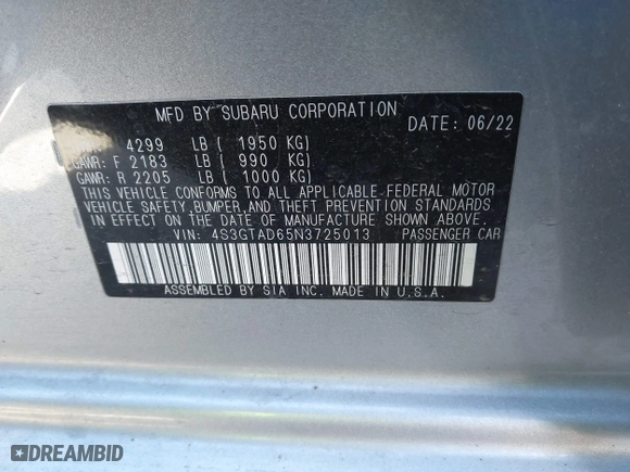 2022 Subaru Impreza Premium with VIN 4S3GTAD65N3725013, listed as a IAAI auction lot 41248013 with 7,231 mi miles. Bid and sale history available at carsss.com. Image 9.