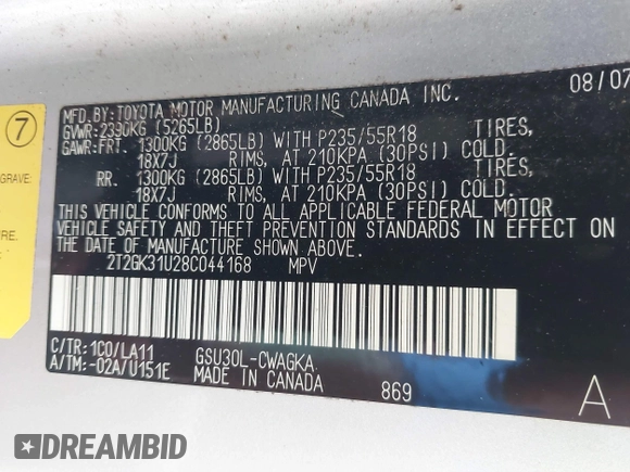2008 Lexus RX 350 with VIN 2T2GK31U28C044168, listed as a IAAI auction lot 41719513 with 116,105 mi miles and . Bid and sale history available at DreamBid. Image 9.